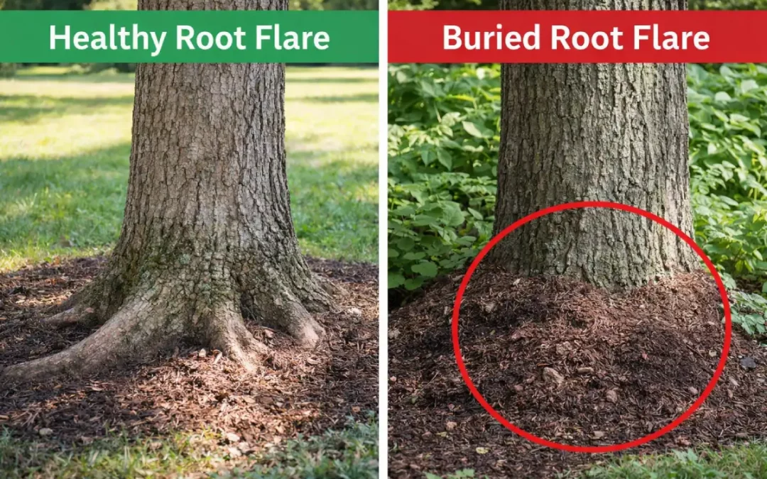 Healthy vs buried root flare comparison bay area tree care