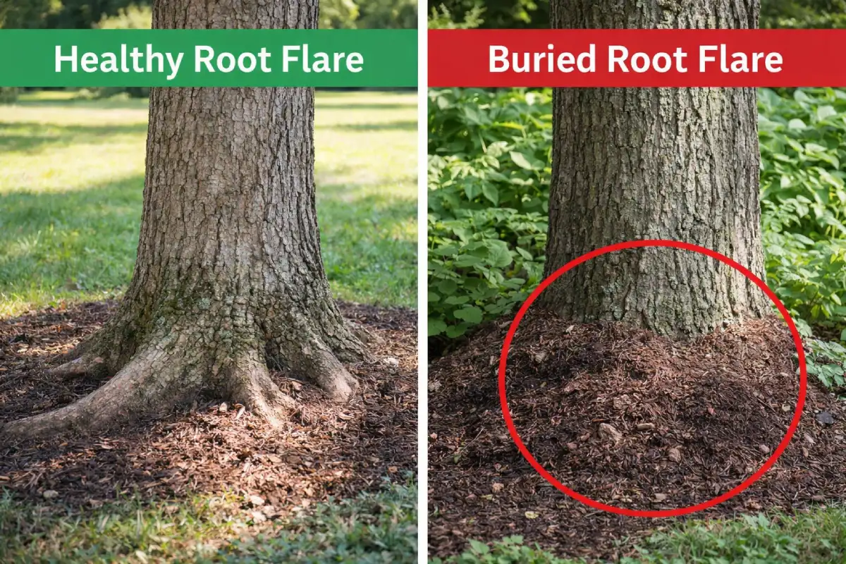 Healthy vs buried root flare comparison bay area tree care